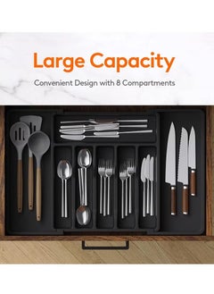 ELFSA Silverware Drawer Organizer, Expandable Utensil Tray for Kitchen, BPA Free Flatware and Cutlery Holder, Adjustable Plastic Storage for Spoons Forks Knives, Large, Black,33-57*38*5 CM  - Image 3