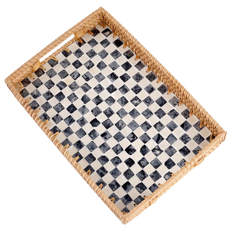 Tynulox Rectangle Rattan Tray with Mother of Pearl Inlay Rattan Serving Tray with Handle for Coffee Bread Fruits Snacks Decorative Wicker Tray for Table Decor Black Checkerboard 139 - Image 2