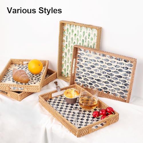 Tynulox Rectangle Rattan Tray with Mother of Pearl Inlay Rattan Serving Tray with Handle for Coffee Bread Fruits Snacks Decorative Wicker Tray for Table Decor Black Checkerboard 139 - Image 3