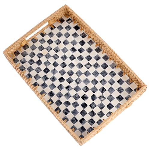 Tynulox Rectangle Rattan Tray with Mother of Pearl Inlay Rattan Serving Tray with Handle for Coffee Bread Fruits Snacks Decorative Wicker Tray for Table Decor Black Checkerboard 139 - Image 1