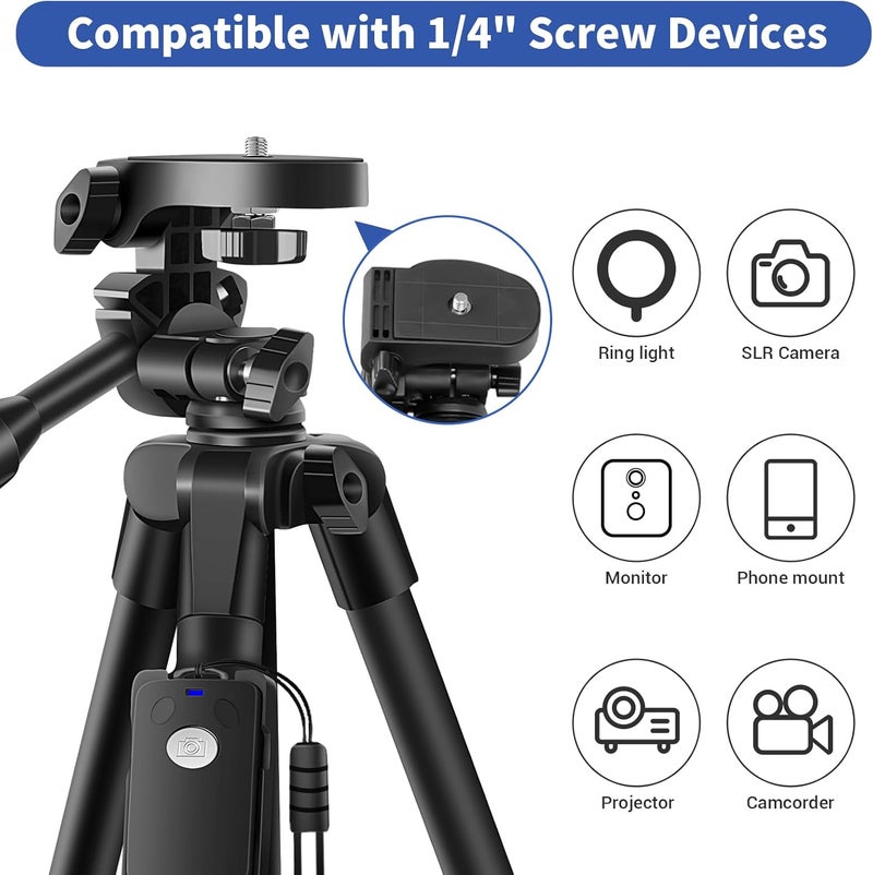 TONEOF 170cm Camera Tripod, Phone Tripod Stand with Quick-Release Plate, Camera Stand with Remote&Travel Bag, Travel Tripod for Filming, Smartphone Mount for Phone/Camera/DSLR/Webcam/Projector/Light - Image 3