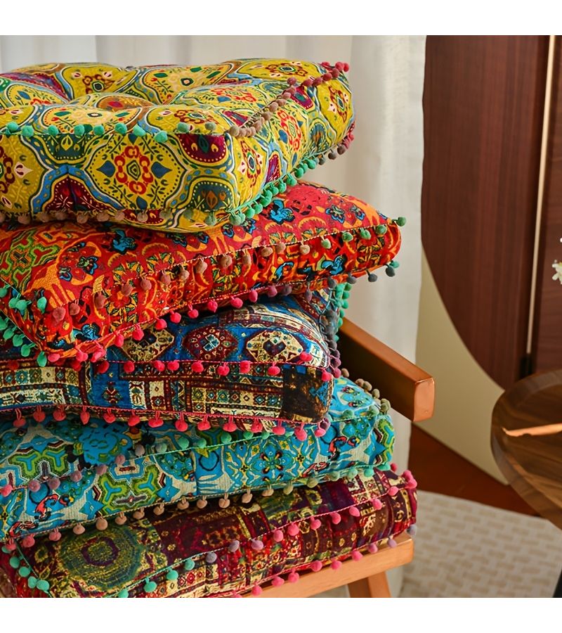 Orange Floor Cushion Moroccan Square Pillow 15.75 Inch Thickened Linen Chair Cushion For Bohemian Home Decor - Image 2