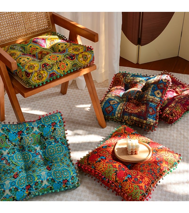 Orange Floor Cushion Moroccan Square Pillow 15.75 Inch Thickened Linen Chair Cushion For Bohemian Home Decor - Image 1
