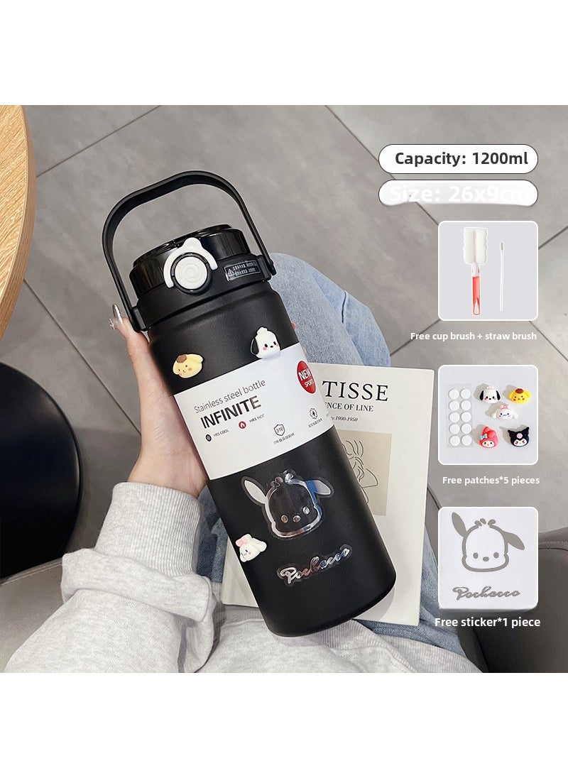 Generic - Thermos Cup Large Capacity Water Cup Students School Special Female 2024 New Cup Kettle 1000ml Portable Boys Rock black 1200ML sticker 3D patch - Image 1