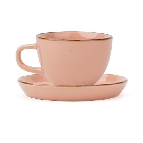 Shay Cappuccino Cup and Saucer Set, Pink Speckle, 300ml | Glossy Finish | Premium Stoneware Coffee Cup | Microwave Safe - Image 1