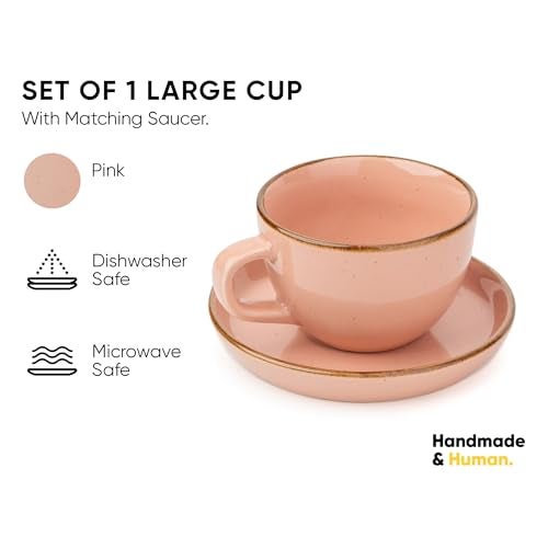 Shay Cappuccino Cup and Saucer Set, Pink Speckle, 300ml | Glossy Finish | Premium Stoneware Coffee Cup | Microwave Safe - Image 2