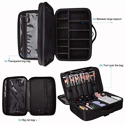INOVERA (LABEL) Nylon Makeup Organizer Bag Professional Travel Cosmetic Bag Makeup Storage with Adjustable Compartment (Black, Medium (34L x 23B x 12H cm)) - Image 3