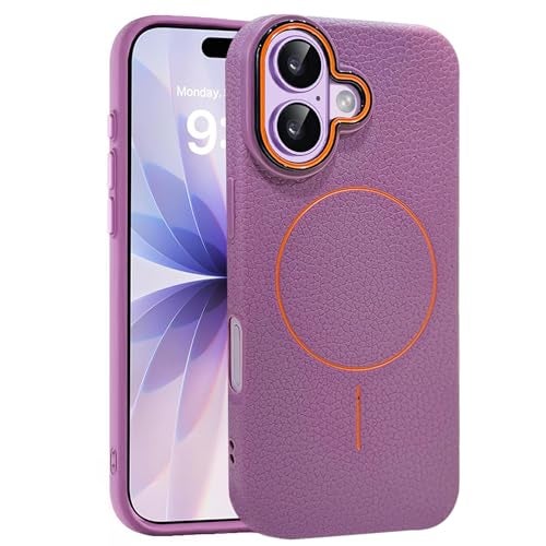 Elzzi New Lychee Texture Magnetic Phone Case for iPhone 17 Case, [Compatible with Mag-Safe] Anti Yellow Velvet Lined Premium PC+TPU Back Cover (Purple) - Image 1