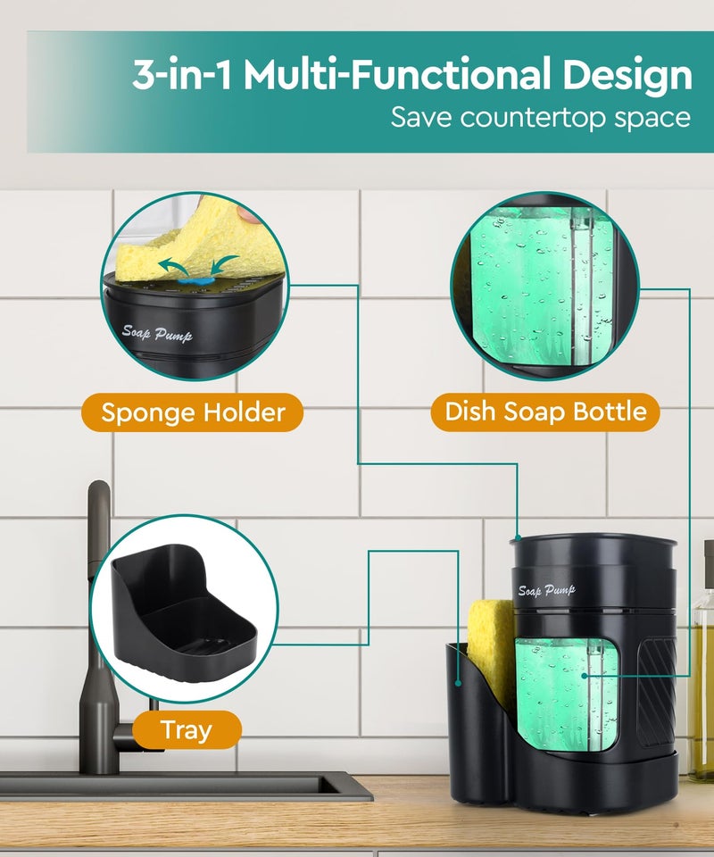 Eavida 3-in-1 Dish Soap Dispenser with Sponge Holder for Kitchen Sink(Includes One Sponge), Kitchen Soap Dispenser Set - Black - Image 2