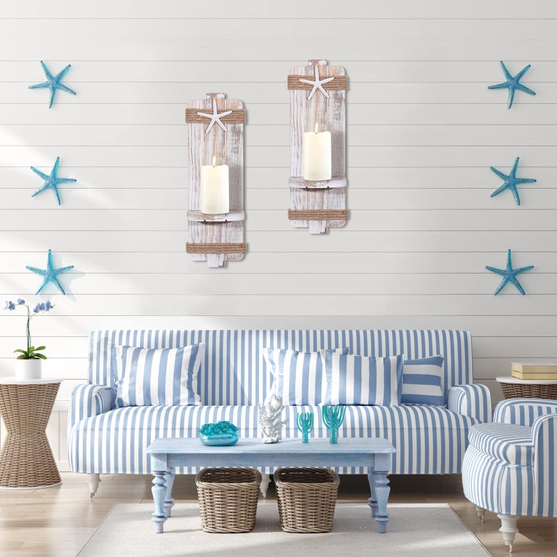 SUJUN Disdressed Starfish Wall Candle Sconces (Set of 2) - Beach Decor, Ocean Themed Wall-Mount Candleholders, Nautical Style Beach Bathroom Decor, Coastal Farmhouse Seashell Candle Holders - Image 5
