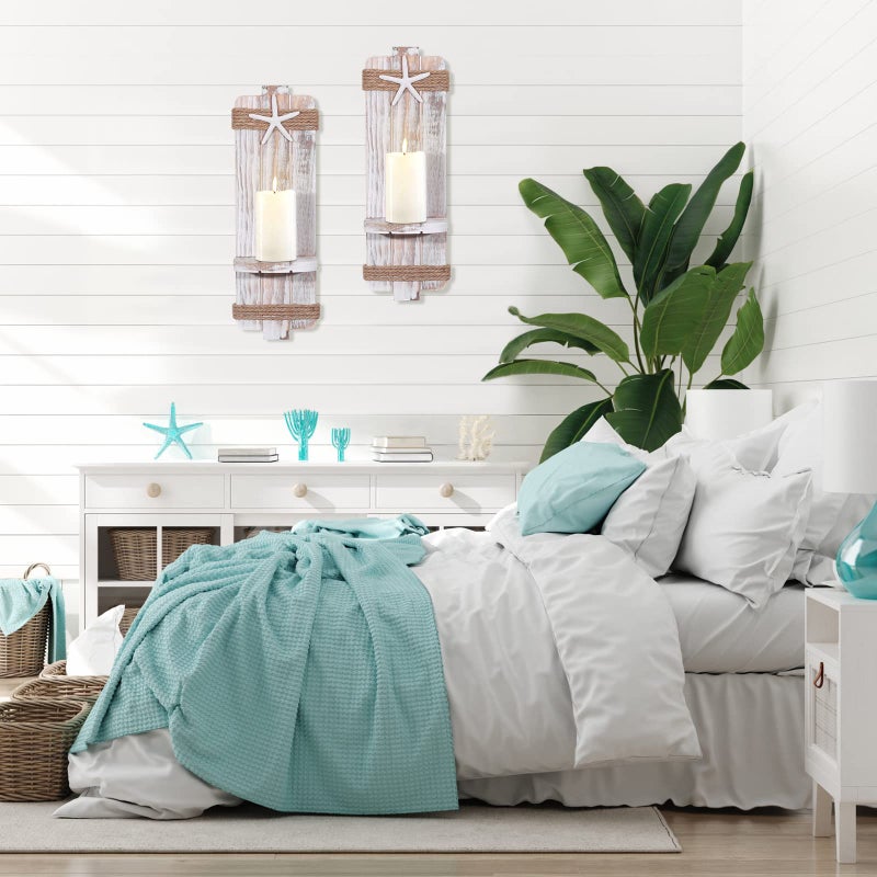 SUJUN Disdressed Starfish Wall Candle Sconces (Set of 2) - Beach Decor, Ocean Themed Wall-Mount Candleholders, Nautical Style Beach Bathroom Decor, Coastal Farmhouse Seashell Candle Holders - Image 4