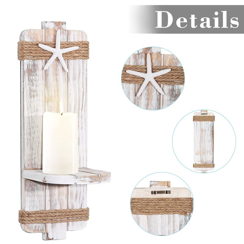 SUJUN Disdressed Starfish Wall Candle Sconces (Set of 2) - Beach Decor, Ocean Themed Wall-Mount Candleholders, Nautical Style Beach Bathroom Decor, Coastal Farmhouse Seashell Candle Holders - Image 3