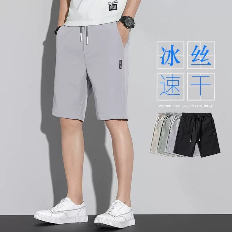 Ice Silk Shorts Mens 2023 Summer New Korean Style Loosen Stretch Stitching Labeling Beach Five-point Pants Light gray - Image 2
