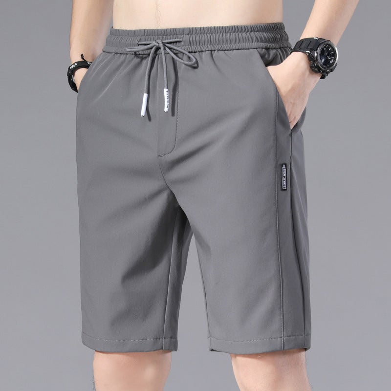 Ice Silk Shorts Mens 2023 Summer New Korean Style Loosen Stretch Stitching Labeling Beach Five-point Pants Light gray - Image 5