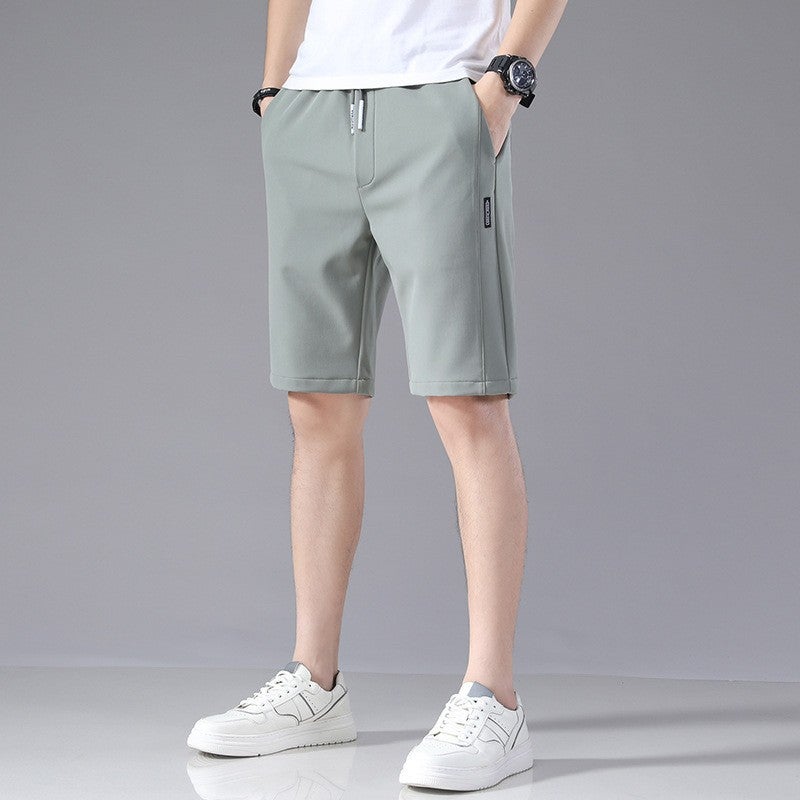 Ice Silk Shorts Mens 2023 Summer New Korean Style Loosen Stretch Stitching Labeling Beach Five-point Pants Light gray - Image 3
