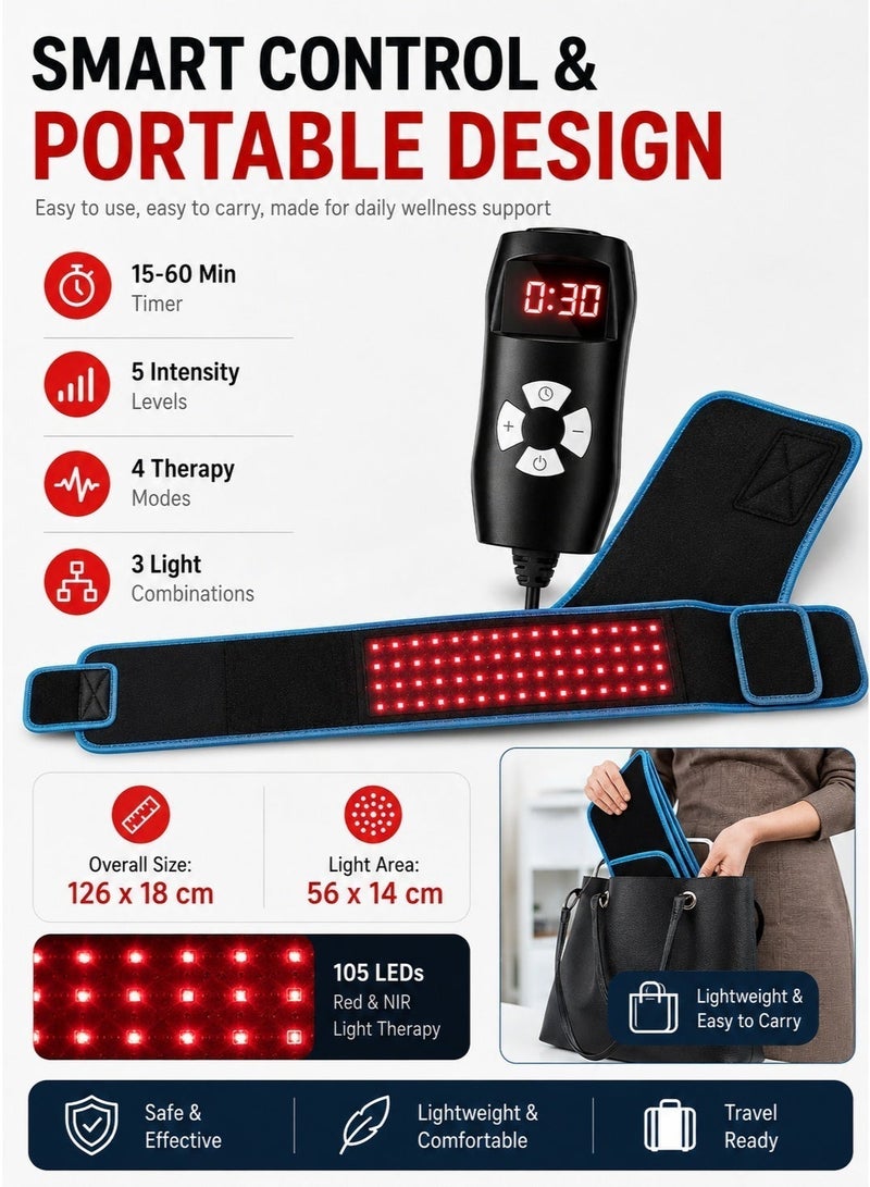 HUMJO Adjustable Wrap Red Light Therapy Belt for Pain Relief & Recovery 105 LEDs Targeted Comfort for Waist Abdomen &Back - Image 3