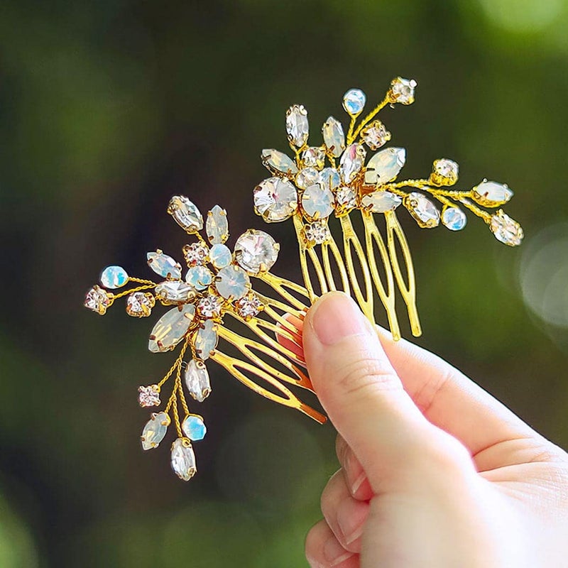 JONKY Crystal Bride Wedding Hair Comb Gold Rhinestone Hair Pieces Bridal Hair Accessories for WomenPack of 2