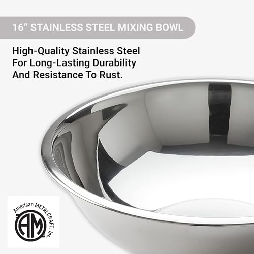 American Metalcraft 16" Stainless Steel Mixing Bowl - 13-Quart Durable Metal Bowls for Mixing, Large Stainless Steel Bowl - Image 2