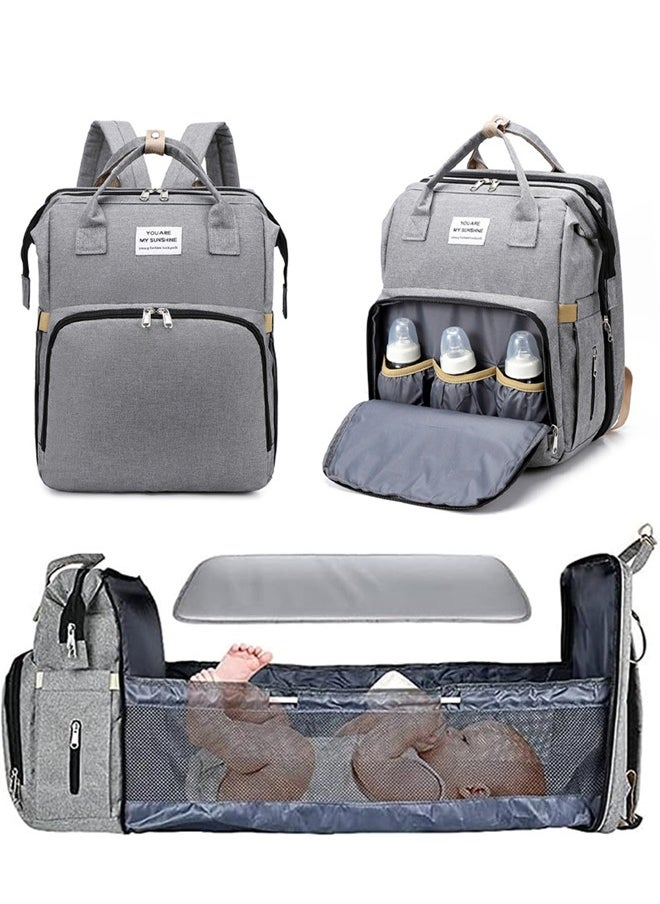 General Diaper Bag Backpack Waterproof Diaper Changing Totes Multi-Function Travel Portable Bassinet Backpack Mommy Bag Large Capacity Baby Backpack for Boy Girl Baby Shower Gifts Folding Frib (Grey)  - Image 1