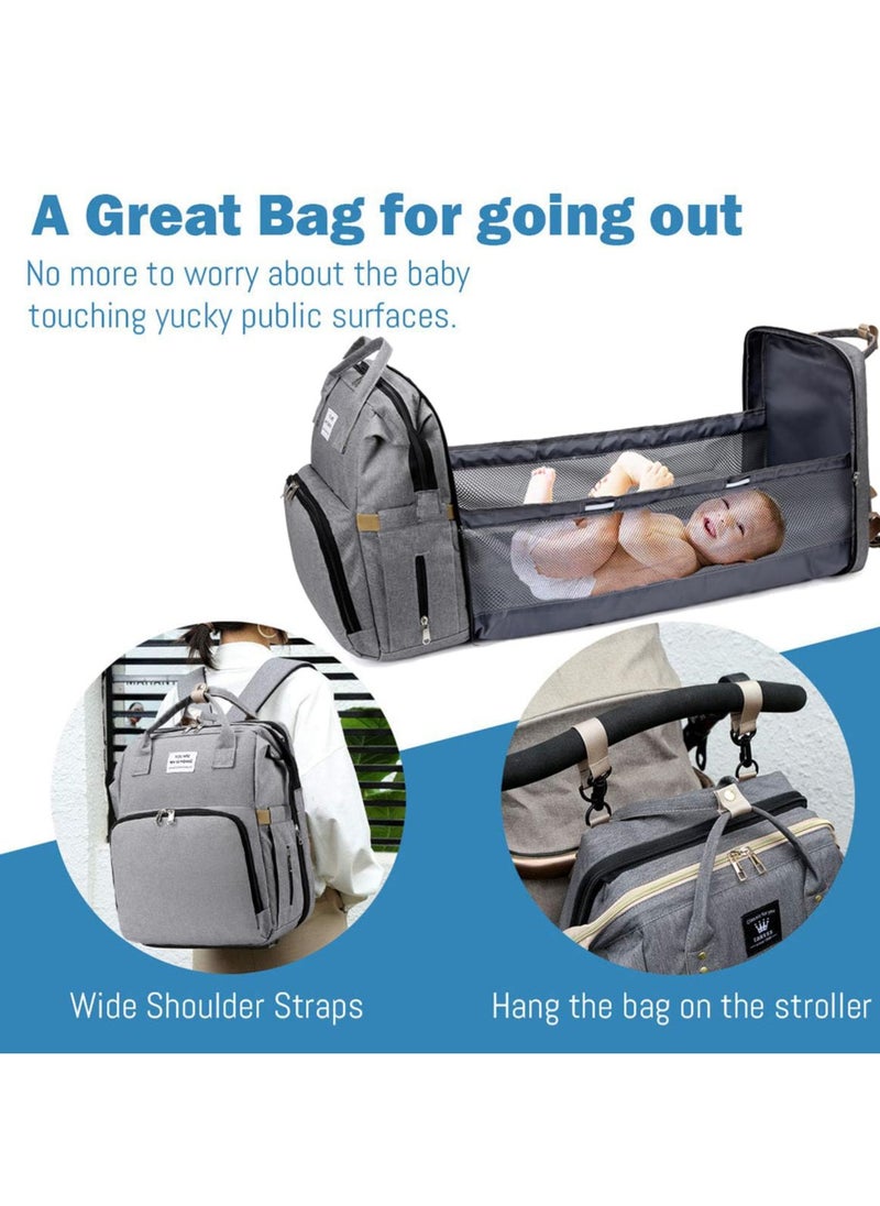 General Diaper Bag Backpack Waterproof Diaper Changing Totes Multi-Function Travel Portable Bassinet Backpack Mommy Bag Large Capacity Baby Backpack for Boy Girl Baby Shower Gifts Folding Frib (Grey)  - Image 4