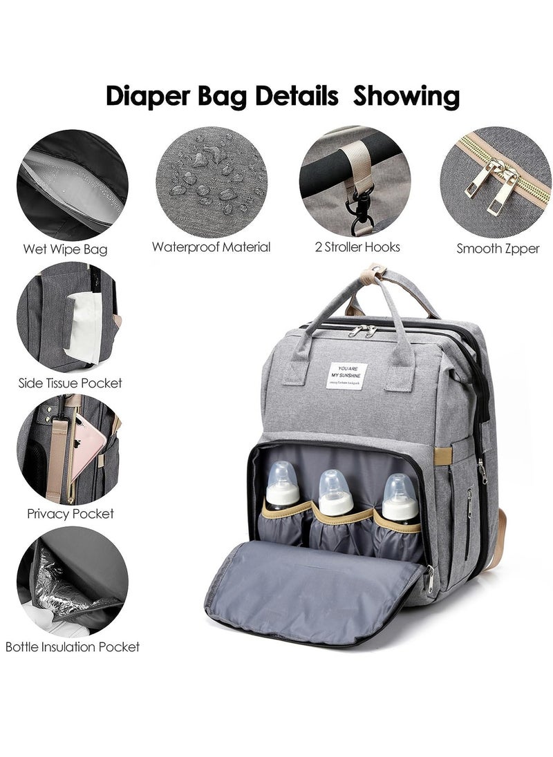 General Diaper Bag Backpack Waterproof Diaper Changing Totes Multi-Function Travel Portable Bassinet Backpack Mommy Bag Large Capacity Baby Backpack for Boy Girl Baby Shower Gifts Folding Frib (Grey)  - Image 3