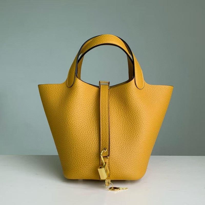 18cm Wax Line Hand Sewed TC Top Layer Cowhide Vegetable Basket Bag Bucket Bag Genuine Leather Womens Bag Handbag Amber yellow 