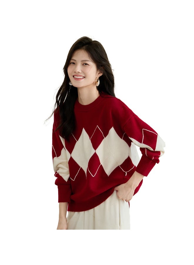 She enjoys Sheen Women's Knitted Sweater New Year's Wear Red Brand Women's Top Rhombic Check Knitted Base Shirt Women T143z3018 - Image 2