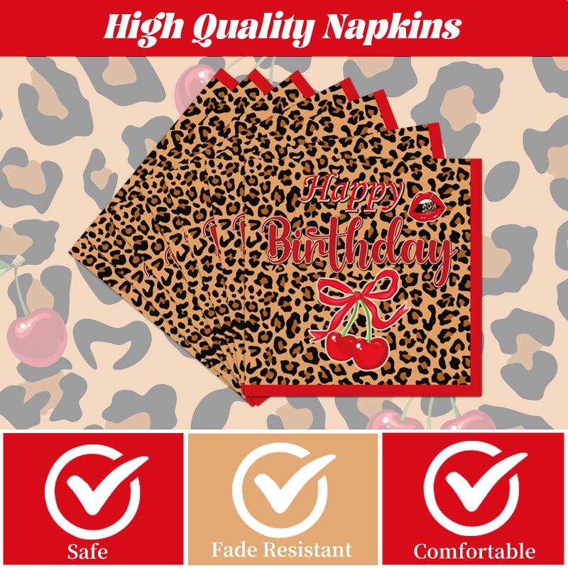Aposwow Cheetah and Cherry Birthday Decorations - 96 PCS Cheetah Print Cherry Theme Disposable Plates Napkins and Forks Dinnerware Set, Girls Women Birthdays Party Decor Supplies Serves 24 - Image 3