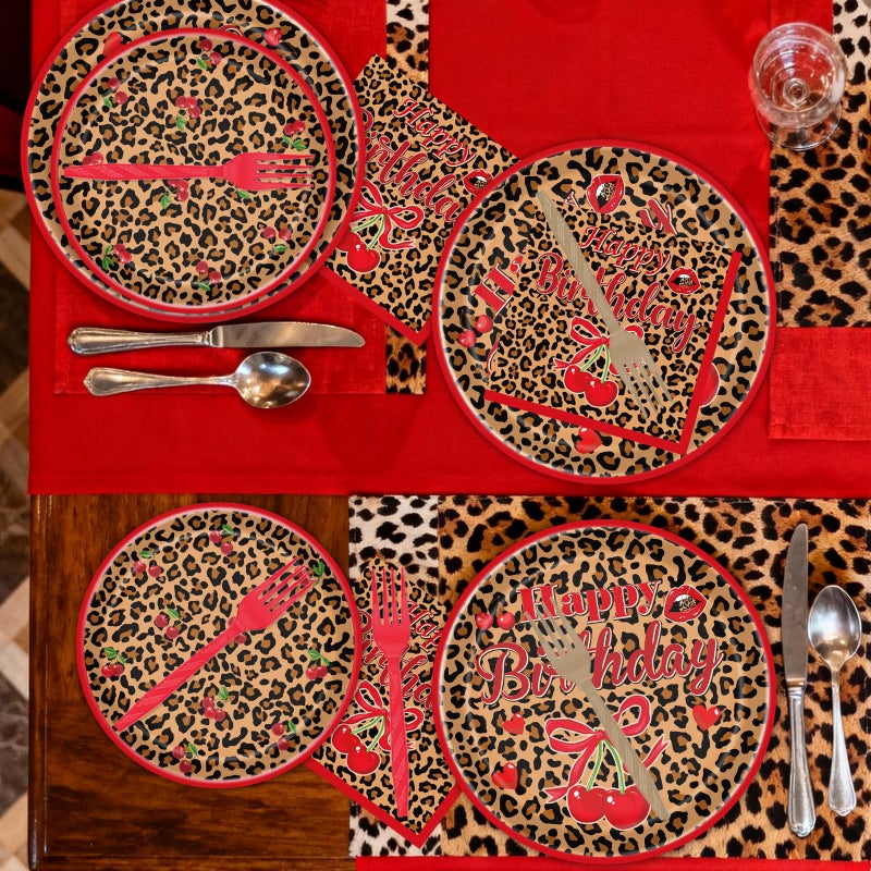 Aposwow Cheetah and Cherry Birthday Decorations - 96 PCS Cheetah Print Cherry Theme Disposable Plates Napkins and Forks Dinnerware Set, Girls Women Birthdays Party Decor Supplies Serves 24 - Image 5