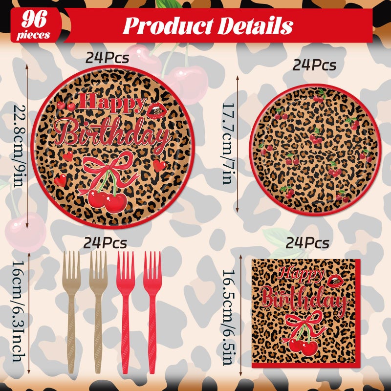 Aposwow Cheetah and Cherry Birthday Decorations - 96 PCS Cheetah Print Cherry Theme Disposable Plates Napkins and Forks Dinnerware Set, Girls Women Birthdays Party Decor Supplies Serves 24 - Image 2