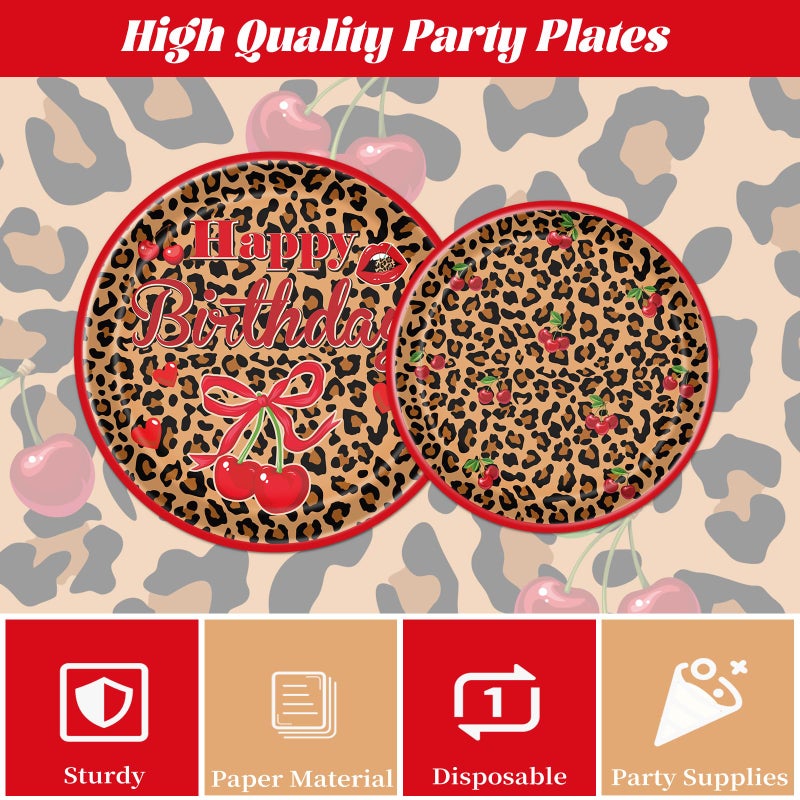 Aposwow Cheetah and Cherry Birthday Decorations - 96 PCS Cheetah Print Cherry Theme Disposable Plates Napkins and Forks Dinnerware Set, Girls Women Birthdays Party Decor Supplies Serves 24 - Image 4