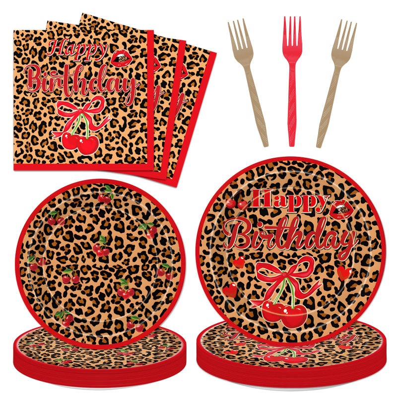 Aposwow Cheetah and Cherry Birthday Decorations - 96 PCS Cheetah Print Cherry Theme Disposable Plates Napkins and Forks Dinnerware Set, Girls Women Birthdays Party Decor Supplies Serves 24 - Image 1