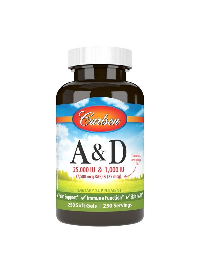 Carlson A & D 25000 Iu (7500 Mcg Rae) & 1000 Iu (25 Mcg) Vision Support Immune Function & Skin Health 250 Softgels - Image 2