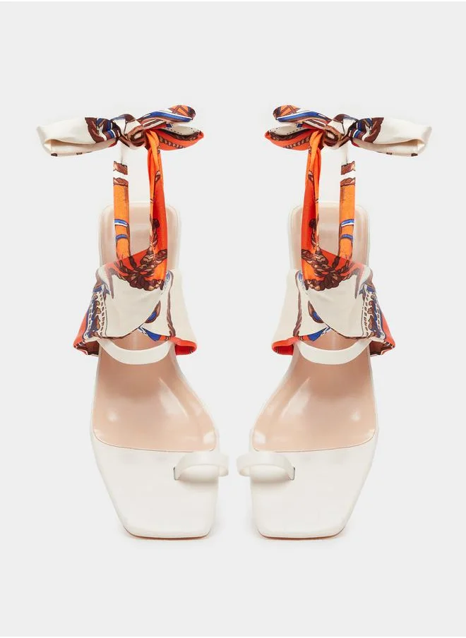 ستايلي Open Toe Block Heel Sandals with Printed Scarf