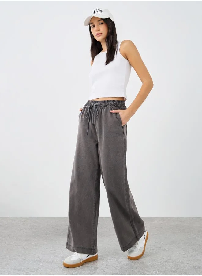 ستايلي Styli Elasticated Waistband Wide Leg Jeans with Drawstring