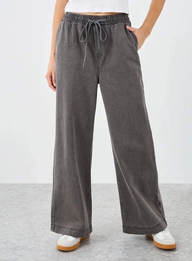 Styli Styli Elasticated Waistband Wide Leg Jeans with Drawstring