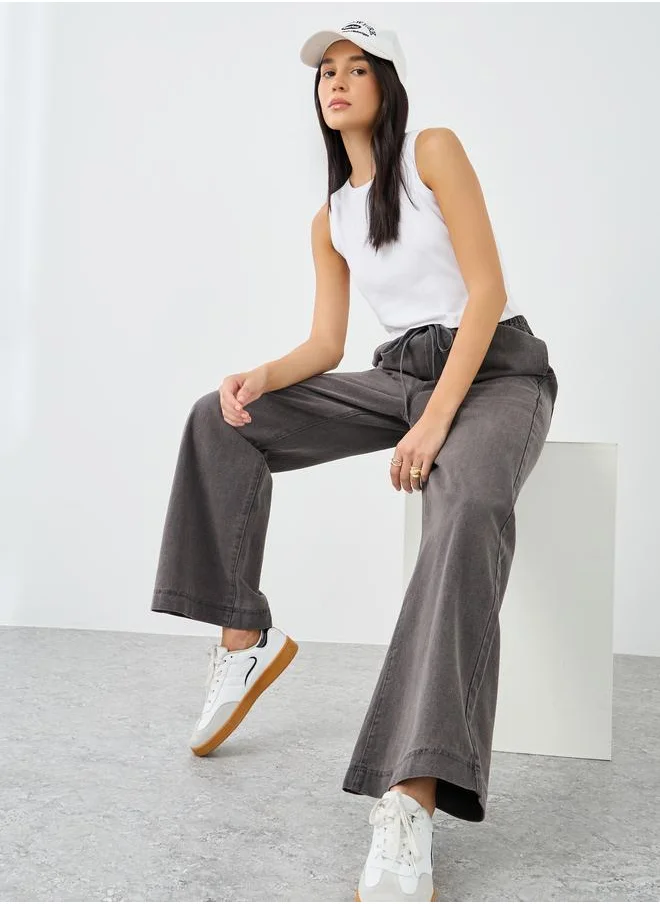 ستايلي Styli Elasticated Waistband Wide Leg Jeans with Drawstring