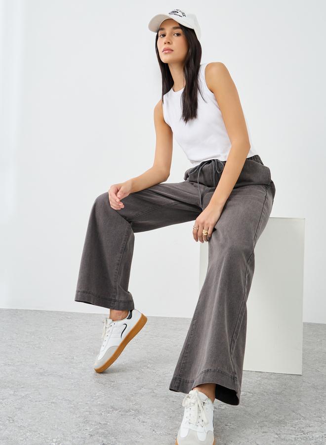 Styli Elasticated Waistband Wide Leg Jeans with Drawstring - Image 1