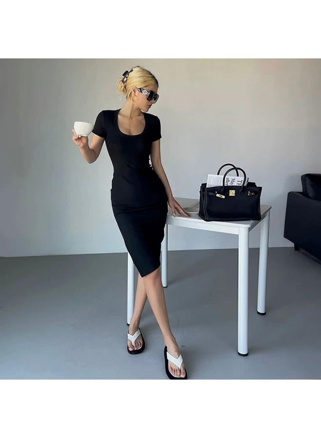 Women's Clothing Round Neck Short-sleeved Regular Slim-fit Hip Skirt Split Trendy Dress Summer 