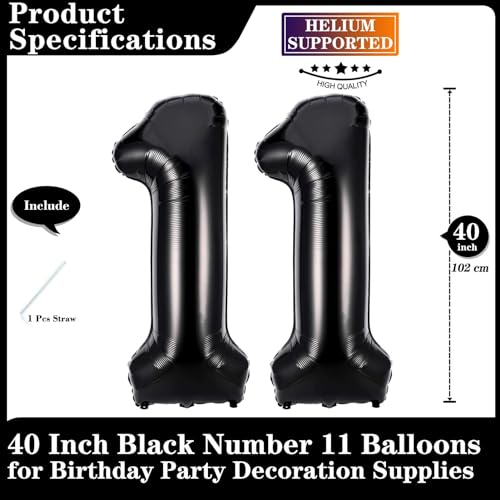 Lovoir Black 11 Number Balloons 40 Inch Giant Number 11 Balloons Foil Mylar Helium Black Number Balloons for 11th Birthday Party Supplies Anniversary Event Celebration Decorations - Image 5