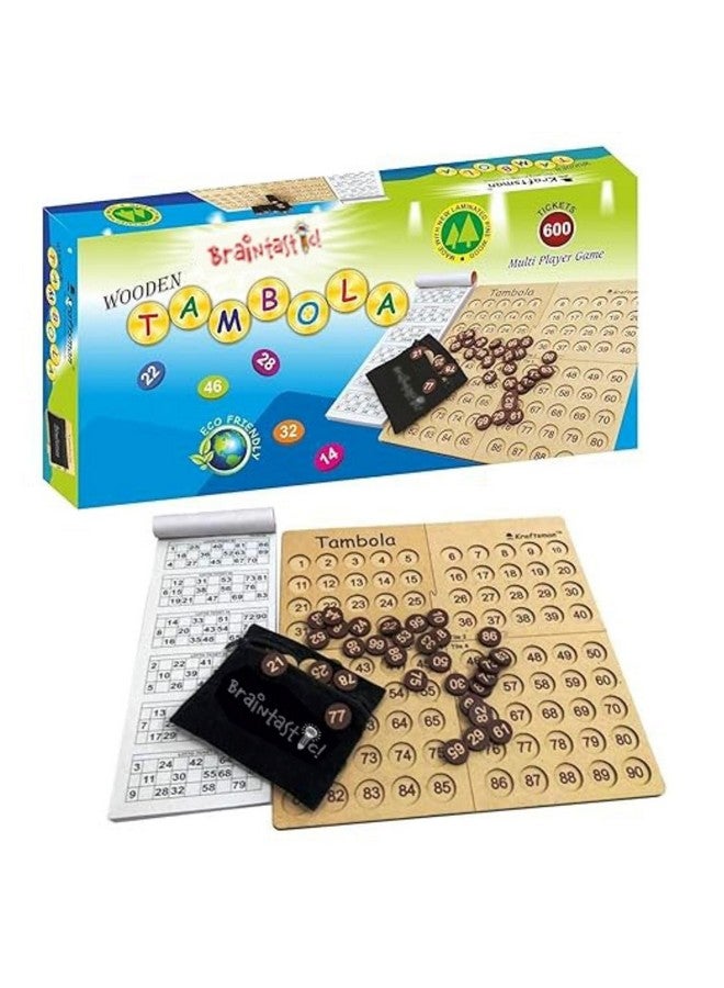 Braintastic Braintastic Wooden Tambola/Housie Board Game with 600 Different Tickets,1-90 Coins, Fixing Checking Board and Cloth Pouch to Keep Your Coins Safe  - Image 1