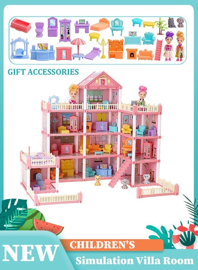 جودي بلاي مجموعة لعب بيت الدمية الضخم المكون من 4 طوابق مع 11 غرفة، 4 دمى مع مطبخ وغرفة نوم وأثاث وحديقة وحيوانات أليفة، بيت الدمية التظاهري DIY للفتيات. - Image 2