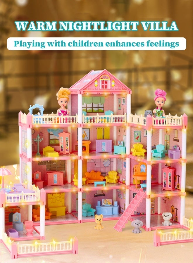 جودي بلاي مجموعة لعب بيت الدمية الضخم المكون من 4 طوابق مع 11 غرفة، 4 دمى مع مطبخ وغرفة نوم وأثاث وحديقة وحيوانات أليفة، بيت الدمية التظاهري DIY للفتيات. - Image 4
