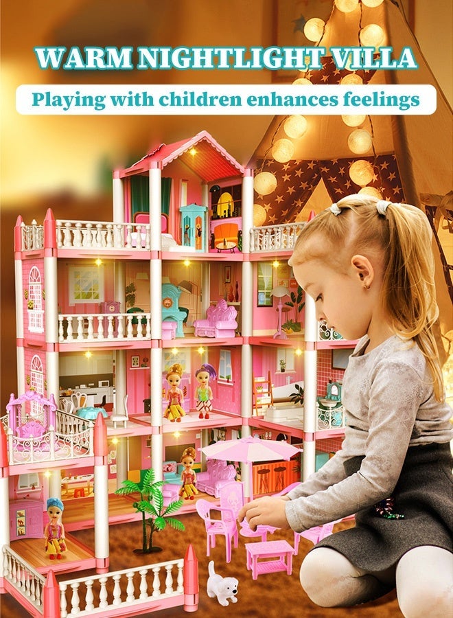 جودي بلاي مجموعة لعب بيت الدمية الضخم المكون من 4 طوابق مع 11 غرفة، 4 دمى مع مطبخ وغرفة نوم وأثاث وحديقة وحيوانات أليفة، بيت الدمية التظاهري DIY للفتيات. - Image 1