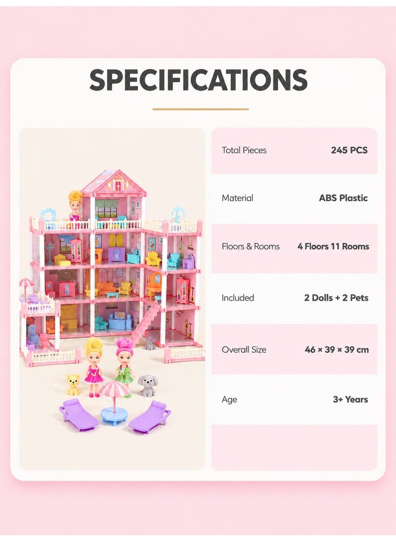 Joudiplay 4 Floors Huge Dollhouse Play Set with 11 Rooms 4 doll with Kitchen, Bedroom, Furniture, Garden,Pets DIY Pretend Play Doll House for Girls - Image 4