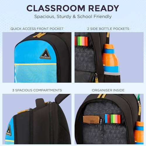 Aristocrat Scholar 38L Black & Blue Casual Backpack for Boys & Girls with 3 Spacious Compartments | Organizer | Padded Shoulder Straps | Side Bottle Pockets | Perfect for School & Travel - Unisex - Image 3