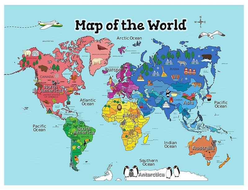 UP TO DATE World map, size 40 cm by 53 cm, printed on luxurious glossy paper, with the most important landmarks and animals shown, - Image 1