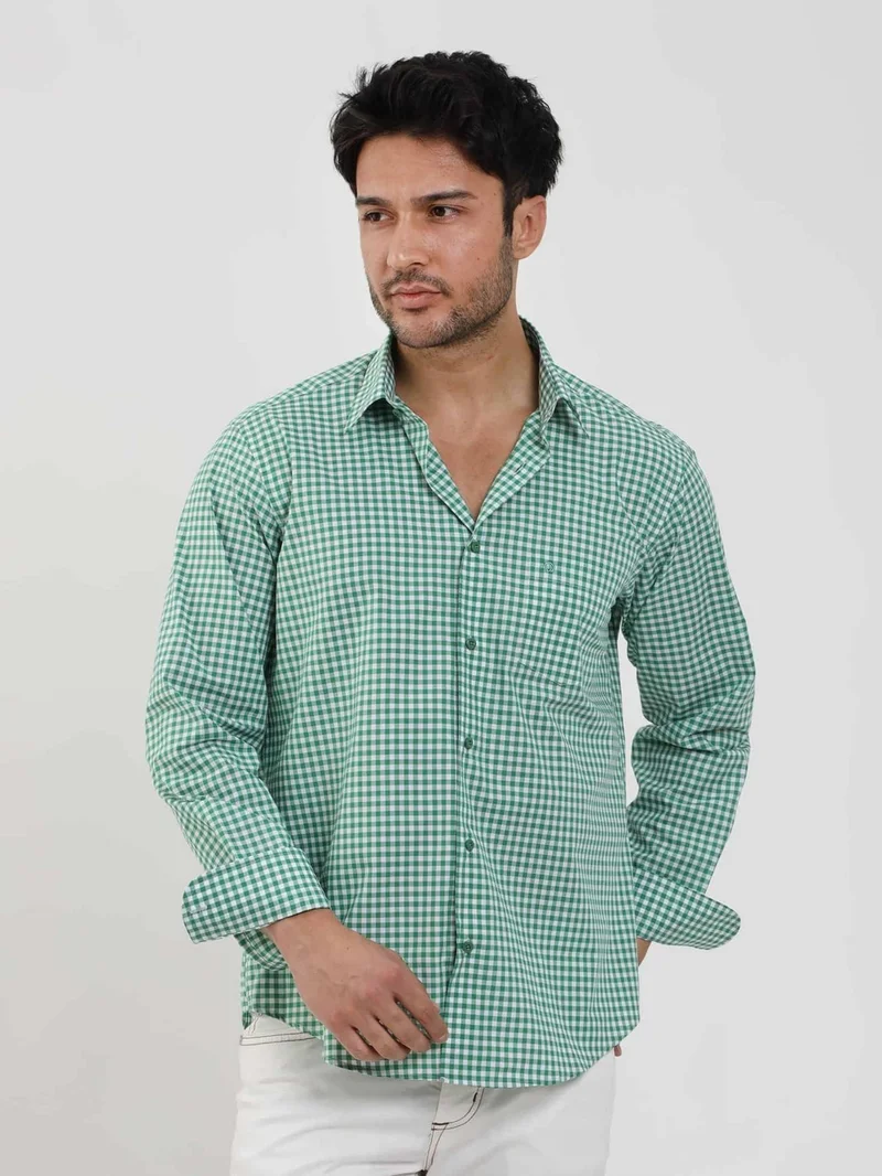 Dufy Green Men's Regular Fit Checked Brent Button Collar Long Sleeve Shirt - 102289