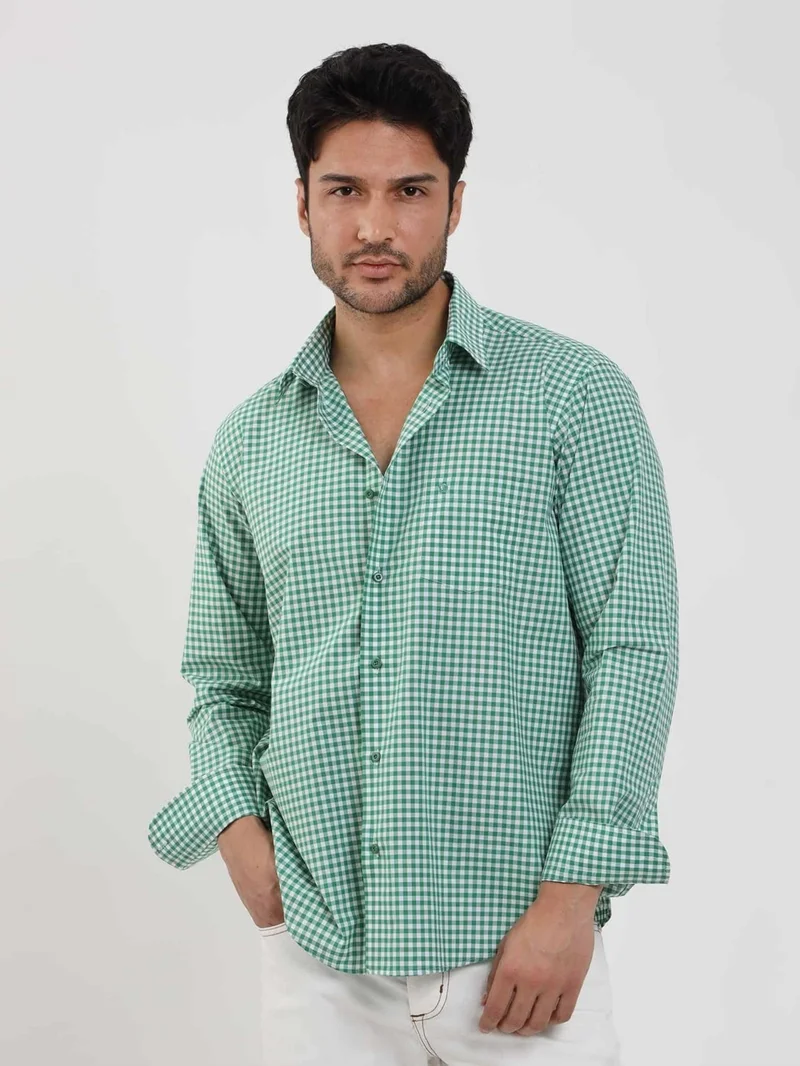 Dufy Green Men's Regular Fit Checked Brent Button Collar Long Sleeve Shirt - 102289
