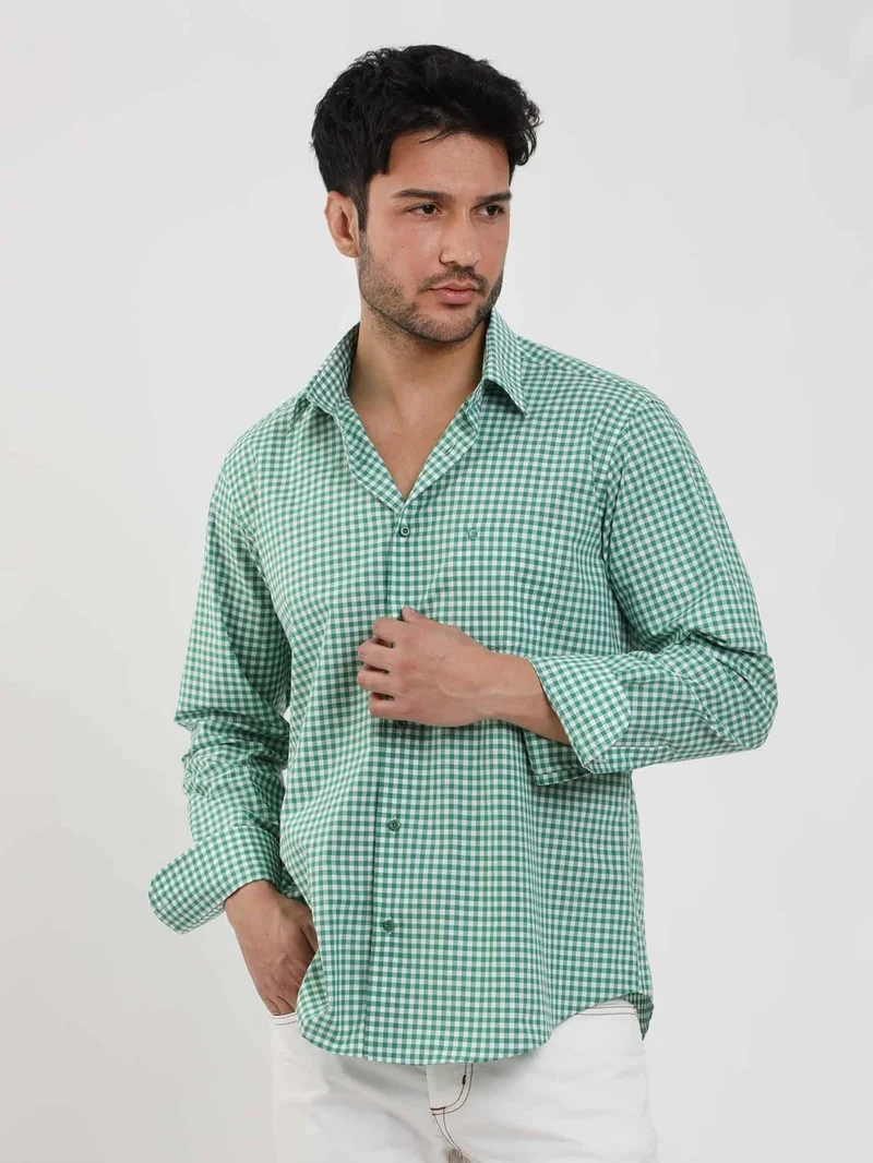 Dufy Green Men's Regular Fit Checked Brent Button Collar Long Sleeve Shirt - 102289